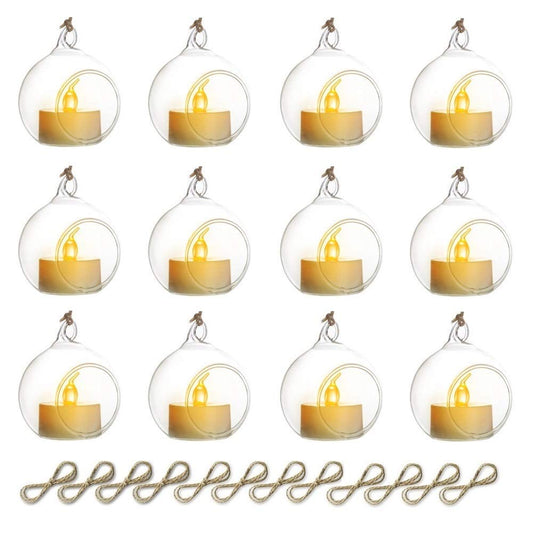 Sziqiqi Hanging Glass Globes Orbs Tea Light Candle Holders with Flameless LED Tealight for Wedding Ornaments, Wedding Birthday Christmas Party Centerpiece Accessory 2.36inch 10pcs +2 Extra