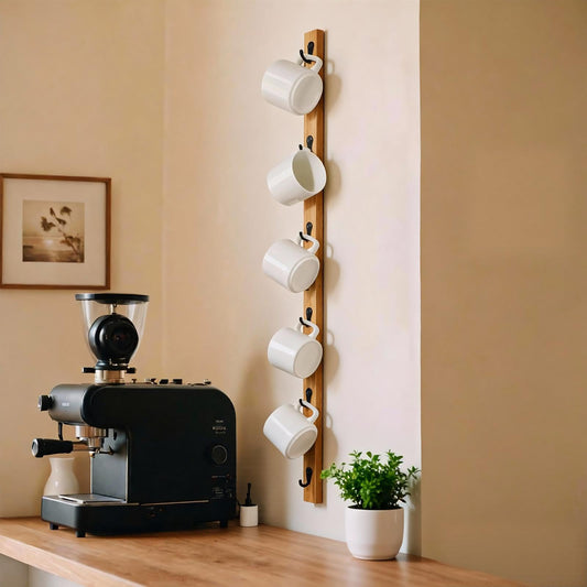 Yohsnor Wall-Mounted Coffee Mug Rack - 6-Hook Solid Wood Cup Holder for Kitchen Cabinet, Space-Saving Tea Bar Organizer with Rustic Decor (Vertical Rectangle Design)