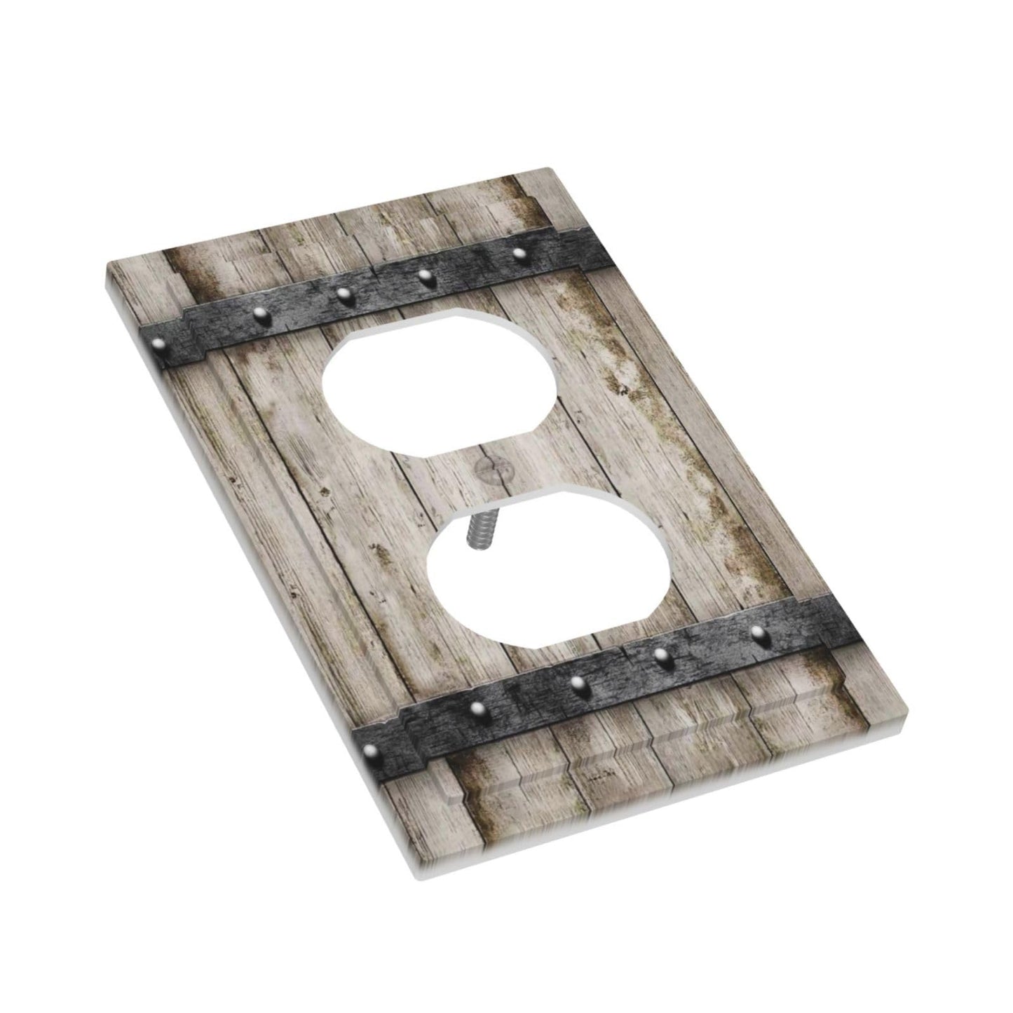 1 Gang Single Duplex Receptacle Outlet Cover Western Barn Rustic Cabin Vintage Brown Wooden Wood Retro Metal Texture Electrical Wall Plate One Gang Dual Device Light Switch Faceplate Socket Plug Cover