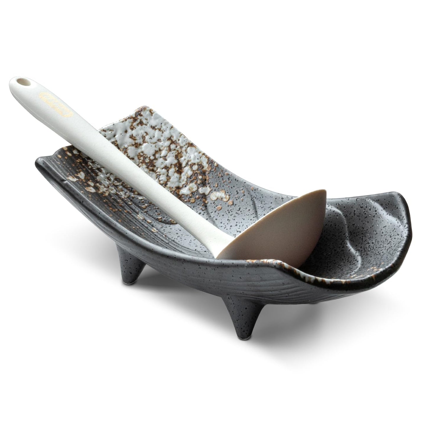 Aijohnny Large Ceramic Spoon Rest for Stove Top, Stable Porcelain Utensil Spoon Holder for Kitchen Counter Bridge Dish Glaze Sauce Tray Fruits Dish Dining Table Decor Easy Clean (Black)