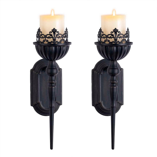 Gothic Wall Sconce Candle Holder (Set of 2) Black Crown and Scepter Design Wall-Mount Metal Candle Holders Hanging Iron Wall Candle Sconce Holder for Living Room, Bathroom, Dining Room