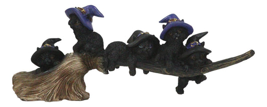 Ebros Gift Lifelike Witching Hour Halloween 5 Black Cats with Witch Hat Riding Long Magical Broomstick Figurine with Glass Eyes Witches Wicca Occult Feline Kittens Decor Figurine