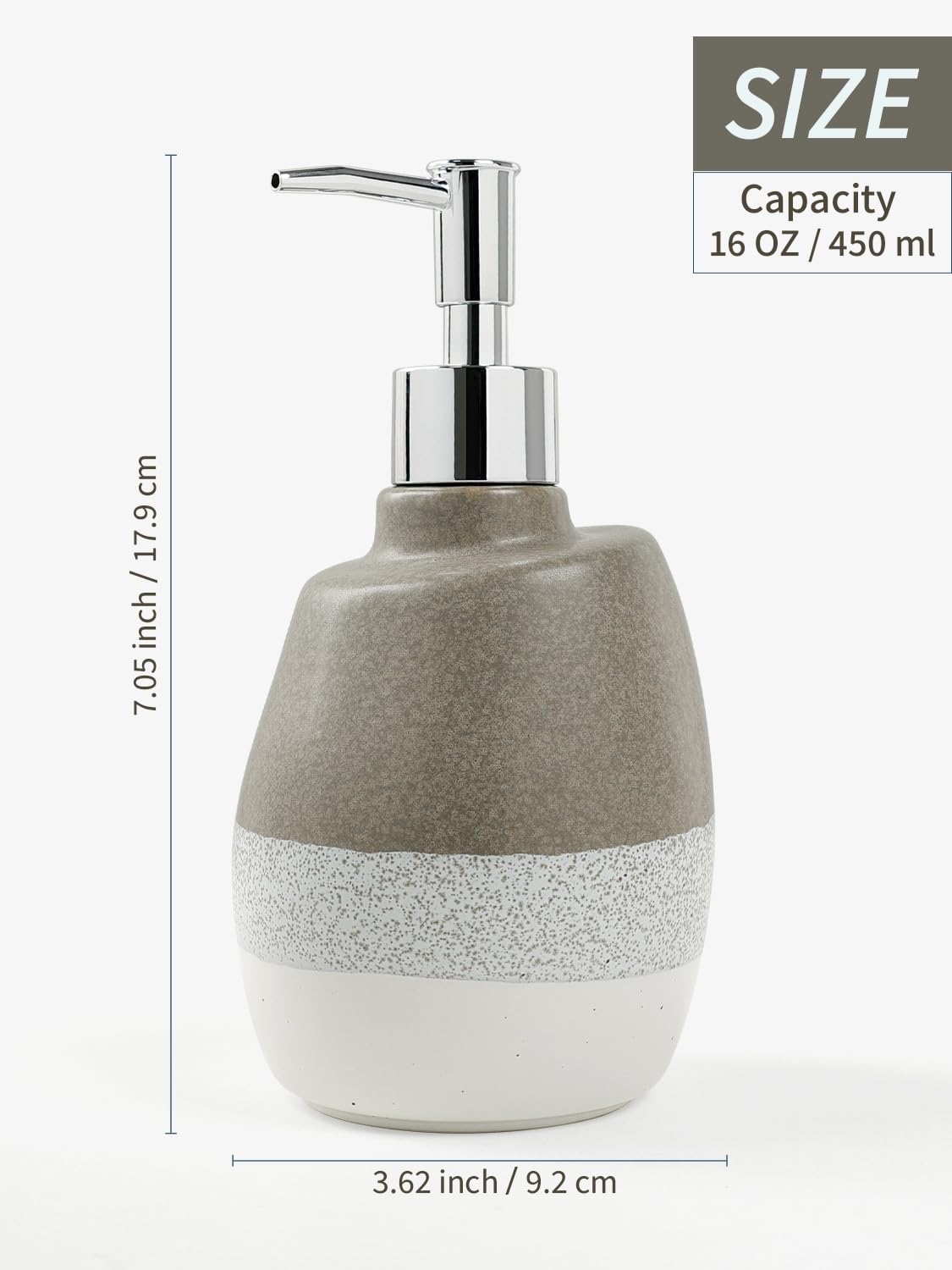 KERMANDO Ceramic Soap Dispenser – 16oz Refillable Lotion or Liquid Soap Bottle with Pump, Grey and White Speckled Glaze, Modern Ceramic Bathroom and Kitchen Countertop Accessory