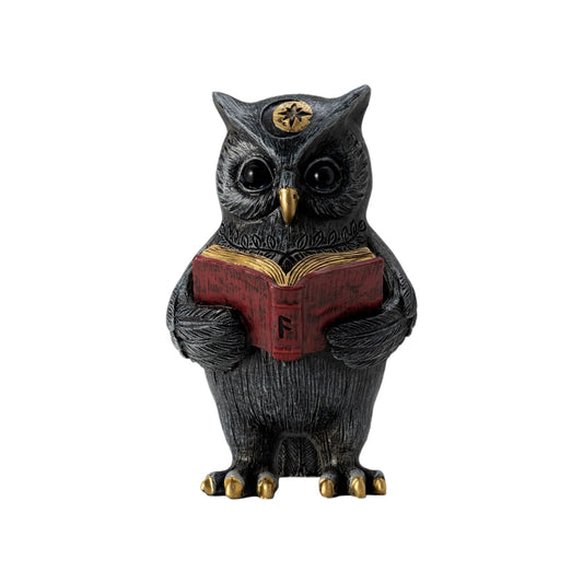 SOREFAFA Black Magic Cute Owl Reading Book Statue (3" L x 5.2" H) - Mystical Resin Figurine for Witchy Gothic Room & Dark Academia Bookshelf Decor - Gifts for Book Lovers, Wiccans, Halloween