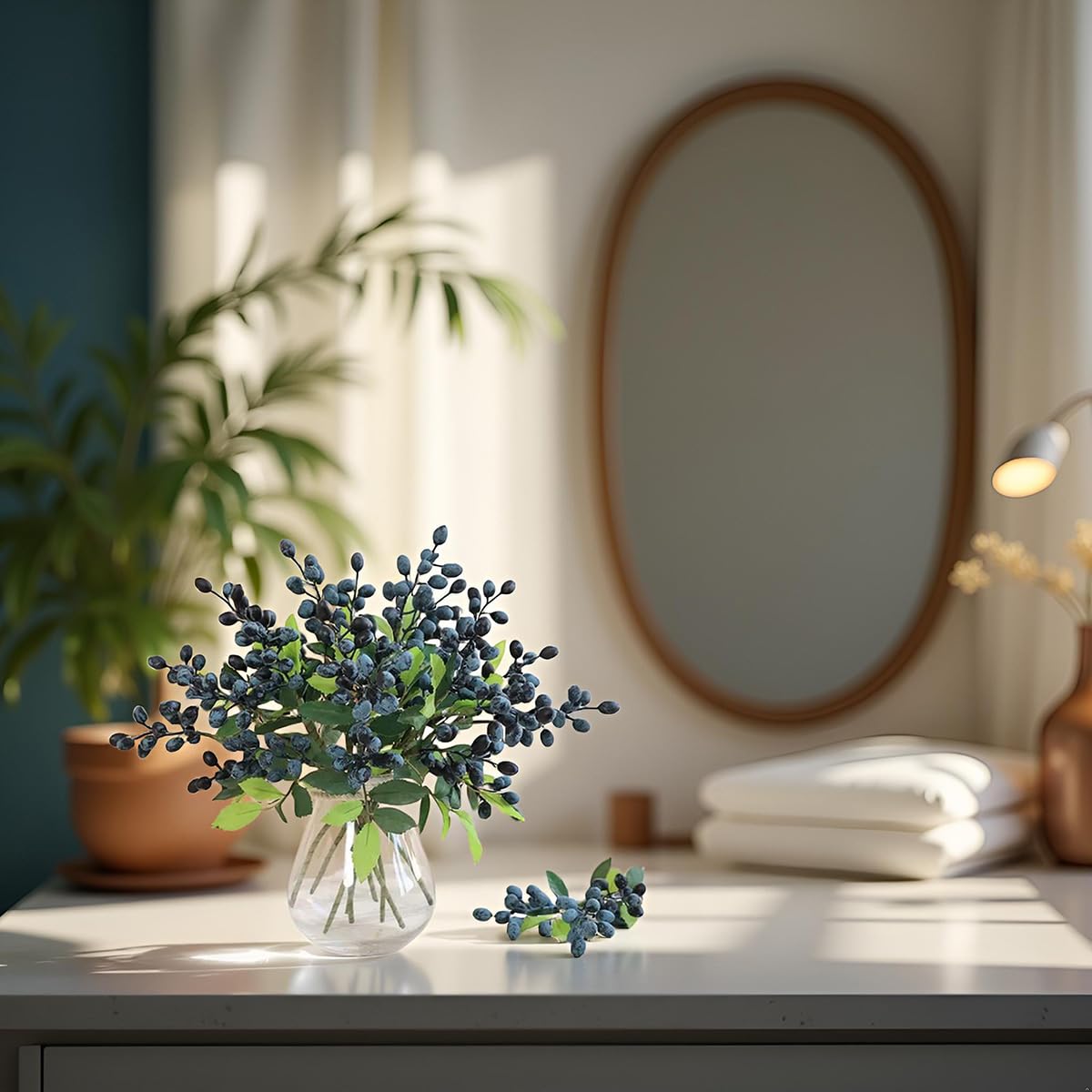 Tyoxlo 4Pcs Blue Berries Artificial Berry Stems Fake Berries Artificial Blueberries Fake Frui tberry Garland Berry Decorations for Home Halloween Decor Thanksgiving Christmas Decorations (Blue)
