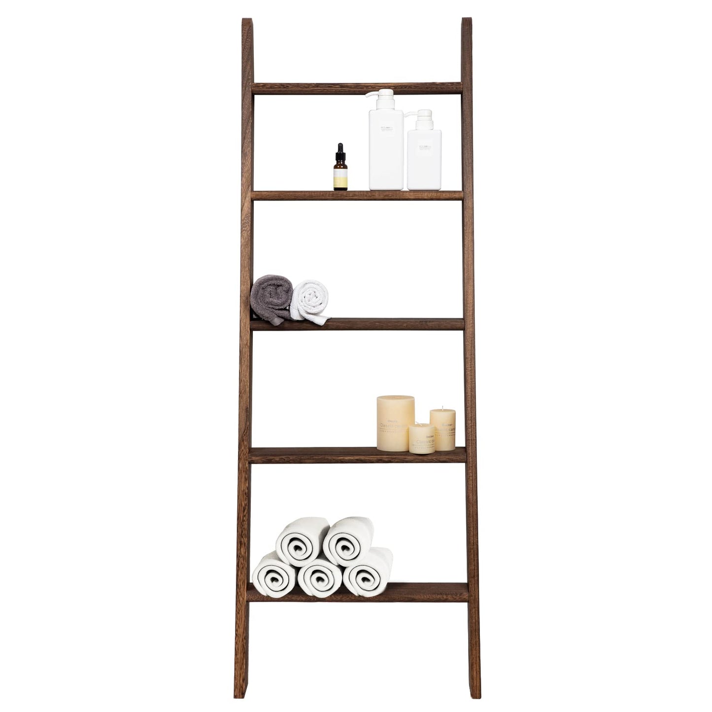 HiddenHomeWor Rustic 5-Tier Wall-Leaning Wood Loadder Towel Racks for Bathroom Livingroom Kithen Office Woden Farmhouse Ladder-Style Blanket Rack Multipurpose Organizer Rack for Home (Brown)