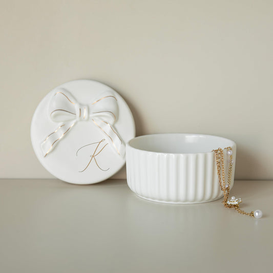 COLLECTIVE HOME Monogram Ceramic Jewelry Box with Bow - Small Jewelry Dish, Elegant Birthday, Graduation, Christmas & Women's Day Gifts (K)