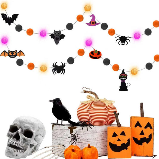 Halloween Decorations Battery USB 10.8Ft Halloween Strip Lights Banner Garland Décor with Felt Bats Ghost Witch Hat Pumpkins Spider Fuzzball Décor for Party Indoor Home Room Wall Fireplace WindowDoor