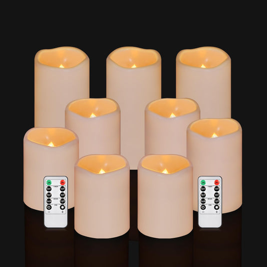 Flameless Candles 4" 5" 6" Outdoor Indoor Pillars Battery Operated Flickering Candles Include 10-Key Remote Timer 400+ Hours by 2 AA Batteries (Ivory Candle - Warm light, 3"D x 4"|5"|6" H - 9 Pack)