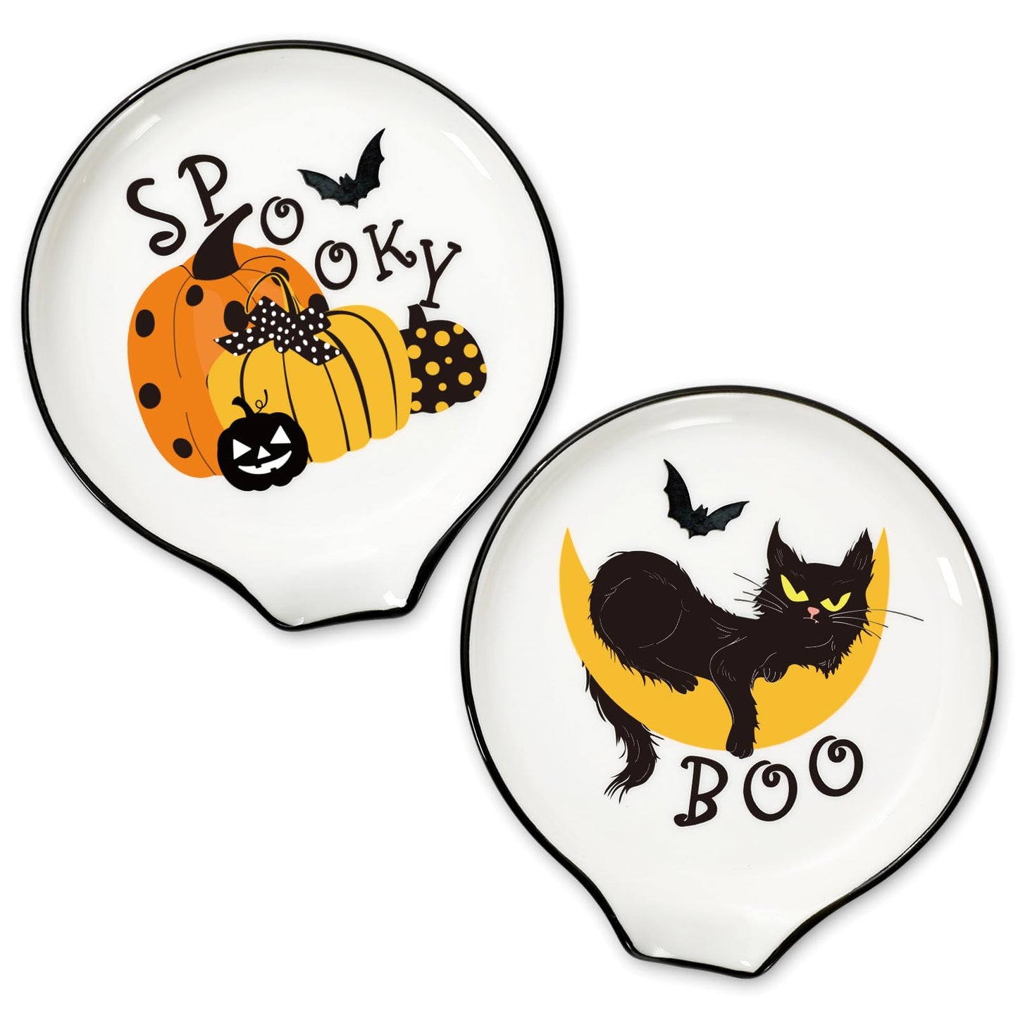 Whaline 2Pcs 4.7inch Black Cat Ceramic Spoon Rest Spooky Pumpkin Small Coffee Spoon Holder for Halloween Coffee Stirrers Teaspoon Bar Spoon Coffee Station Bar Accessories