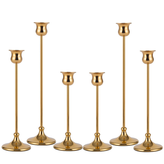 Taper Candle Holder Tall Vintage Metal Candlestick Holders Candle Stick Candelabra for Halloween Thanksgiving Christmas Holiday Wedding (Gold, 2 Sets (6 pcs))