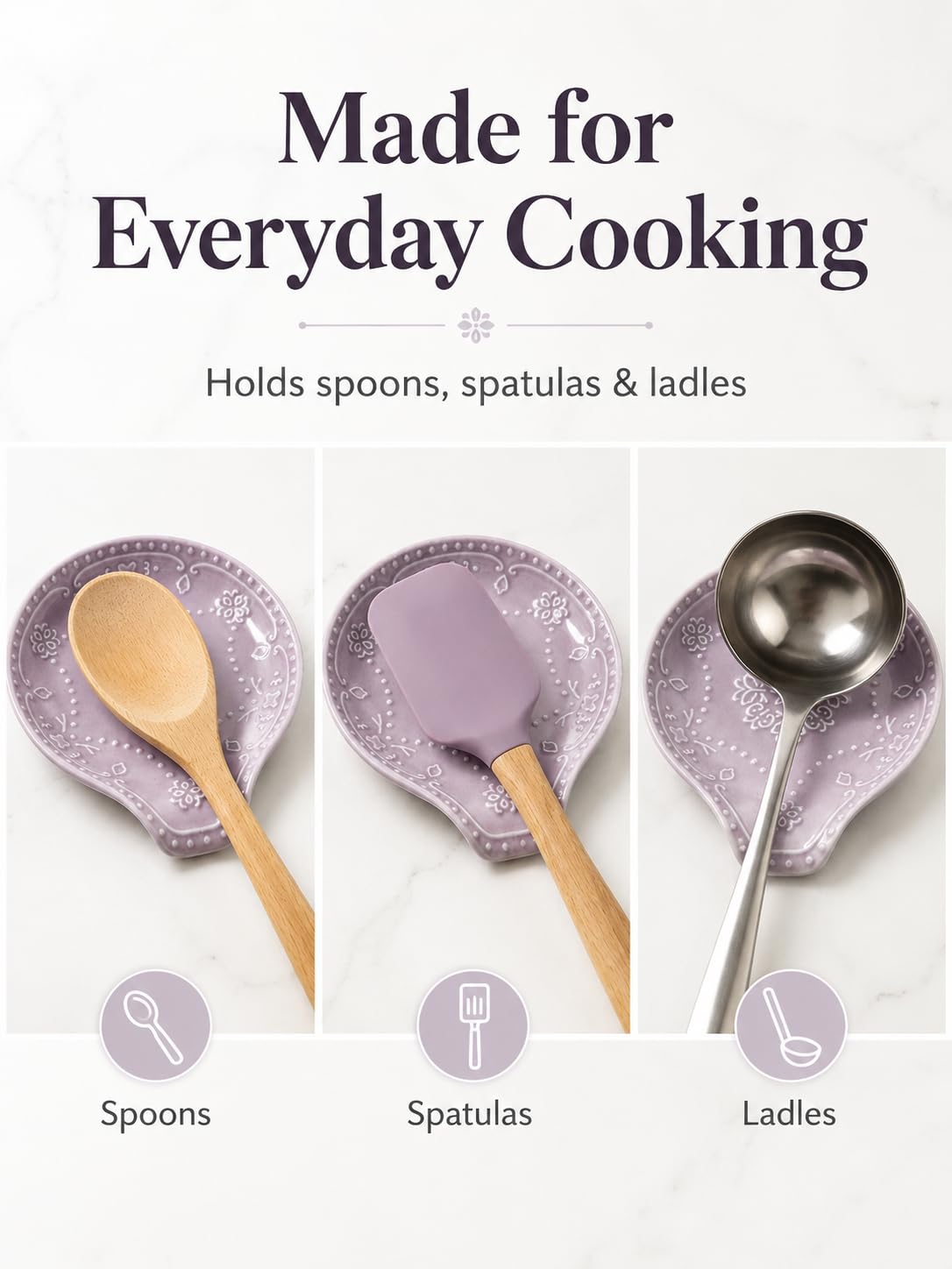 Lavender Purple Ceramic Spoon Rest for Kitchen Counter, 5.7" Floral Butterfly Embossed Spoon Holder for Stovetop, Dishwasher Safe Heat Resistant Utensil Rest, Farmhouse Kitchen Decor Gift