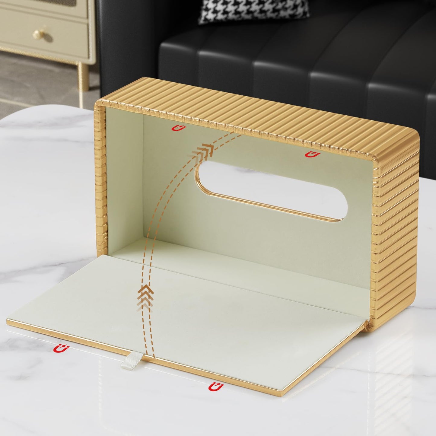 NICLNGSH PU Leather Short Tissue Box Cover Rectangle, Small Tissue Box Holder with Magnetic Closure, Decorative Rectangular Tissue Holder for Bathroom Car Office (Gold)