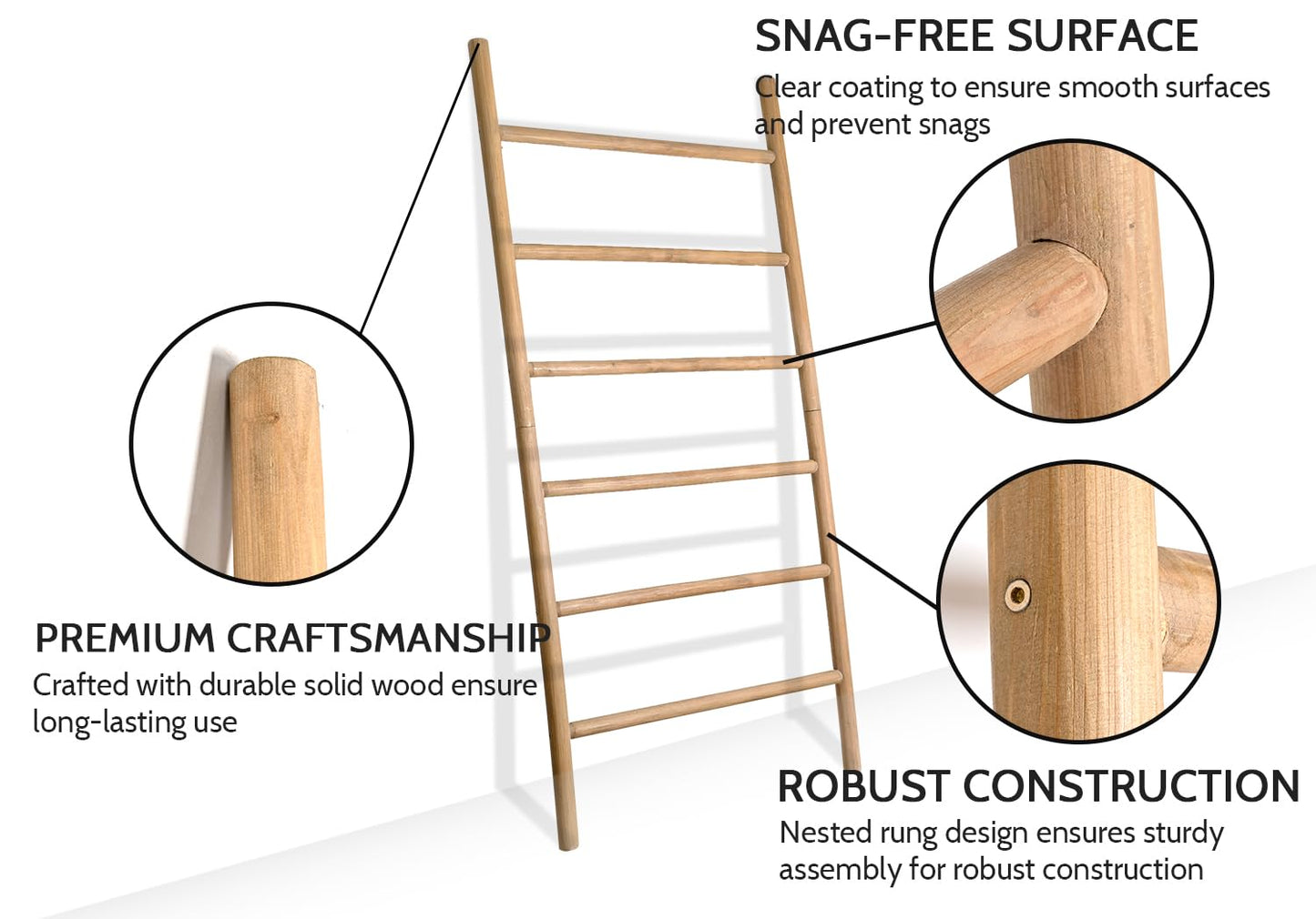 FUIN 6.4ft Extra Wide Wood Blanket Ladder Living Room Decorative Wall Leaning Farmhouse Quilt Display Holder Rustic Wooden Towel Rack for Bathroom, Brown, 38 inch Wide