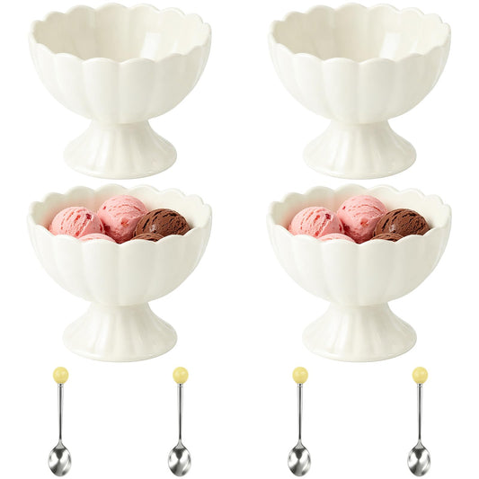 4 Pcs Ceramic Dessert Bowls Set, Elegant Scalloped Rim Pedestal Cups with 4 Spoons, 6.76 fl oz Small Dessert Bowls, Smooth Finish, Easy Clean, 4.5 x 3.5 in for Ice Cream, Snacks, Puddings, White