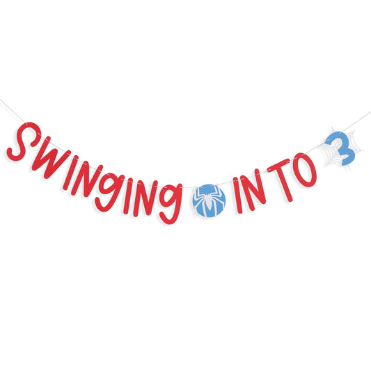 Spider 3rd Birthday Banner - Swinging into 3 Banner, Spider Birthday Decorations for Kids, Boys Third Bday Decor