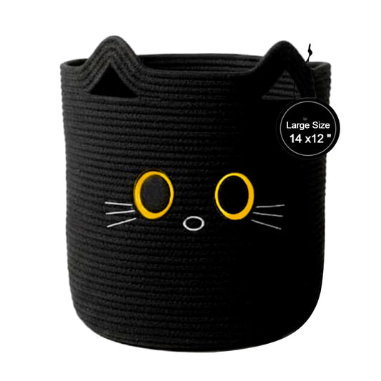 Nursery Storage Basket, 25L Large Woven Cotton Rope Baby Bin, Black Cat Design, Cutout Handles, Foldable, Washable, & Baby-Safe Organization for Kids Toy, Stuffed Animals, Laundry Hamper (Black Cat)
