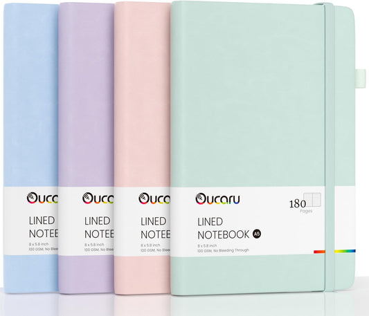 Oucaru Lined Journal Notebook, 4 Pack, 180 Pages, A5 Journals for Writing, 100 GSM Thick Paper, Small Notebooks Daily Journal for Women Men Work, Business, School, Travel Supplies