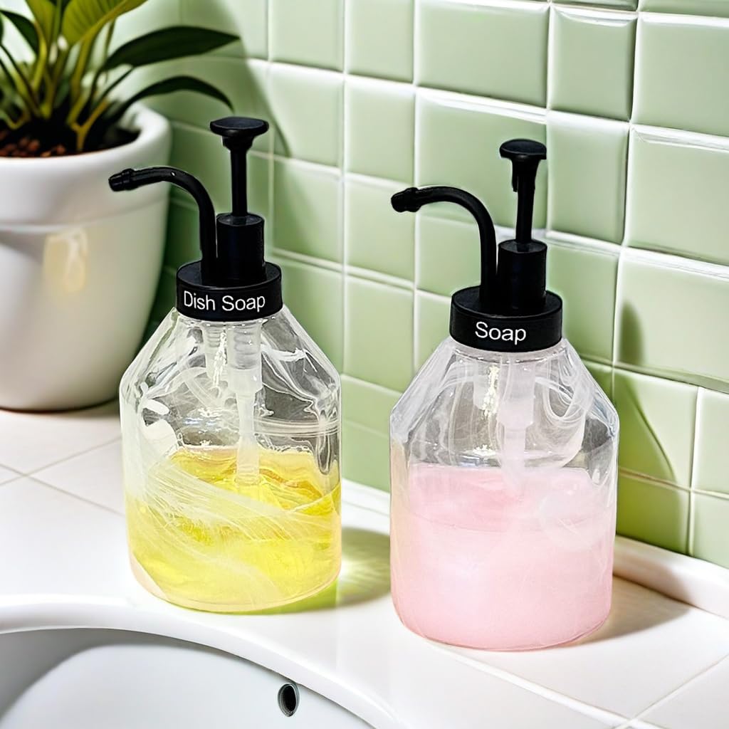 Suanti Bathroom Glass Soap Dispenser Set, 2 Pcs 375ml/12.7 Oz Unique 3D Cloud Pattern Thick Glass Soap Bottle with Smooth Action Rust-Free Black ABS Pump for Kitchen Counter Dish Soap Dispenser