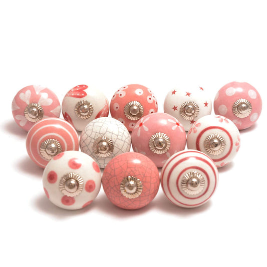 Eleet Assorted Ceramic Knobs Premium Quality Vintage Cabinet Cupboard Door & Drawer Pulls Chrome Hardware (12, Pink & White)