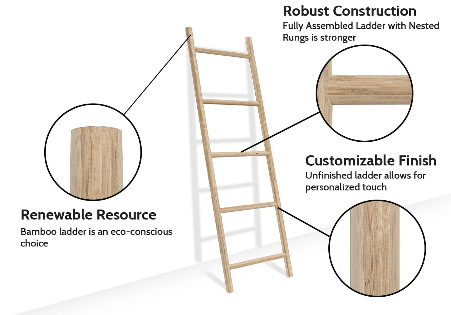 FUIN Fully Assembled 57in Bamboo Blanket Ladders Living Room Wood Decorative Wall Leaning Farmhouse Quilt Display Holder Rustic Wooden Towel Rack for Bathroom, Unfinished