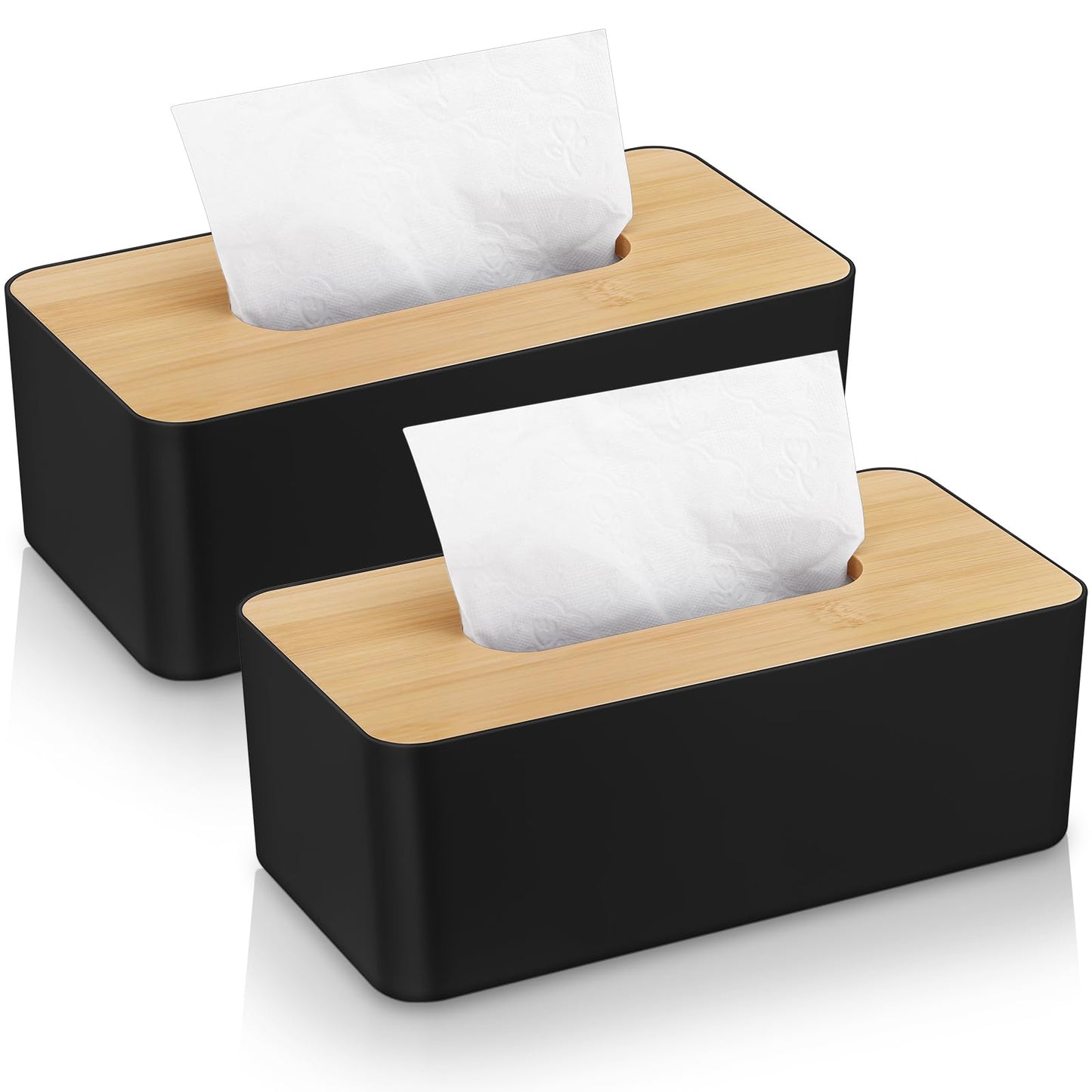 Teenyyou 2 Pcs Tissue Box Cover Square Plastic Tissue Holders 5x9 Inch Holder Wood Cover Plate for Bathrooms, Kitchen, Office, Home, Bedroom Dresser, Countertop(Black)