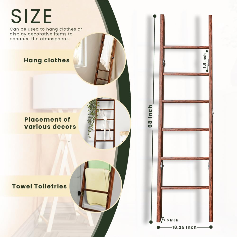 TotsNjoy Wooden Blanket Ladder for Living Room 6-Tier, Decorative Ladder Blanket Rack & Quilt Ladder Decor, Rustic Farmhouse Wood Ladder, Anti-Slip Sturdy Blanket Holder, 68 Inch Tall, Rustic Brown