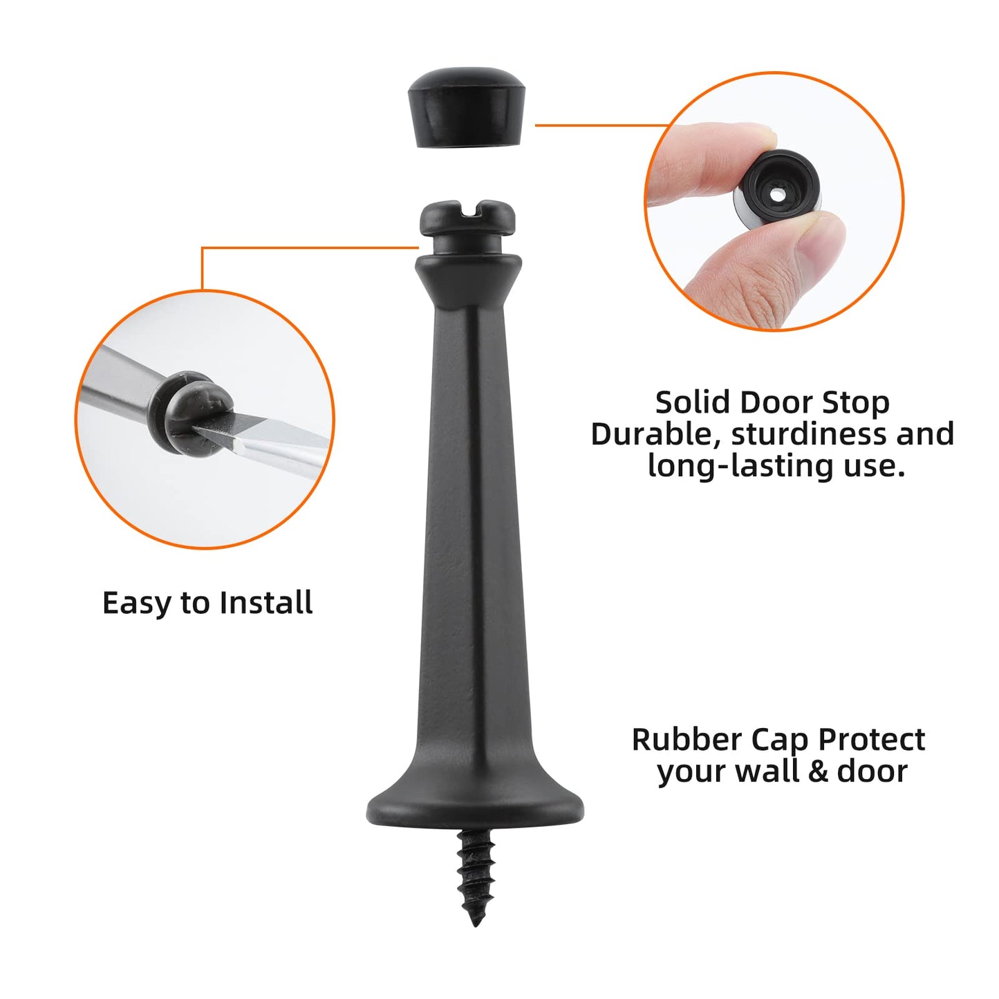 HOME MASTER HARDWARE Heavy Duty Door Stops - 3 Inch Solid Rigid Stopper w/Plastic Tips for Extra Wall & Door Protection, Matte Black, 8 Pack