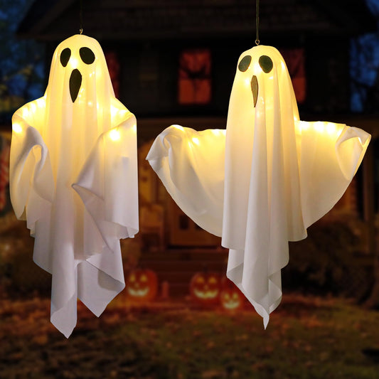 Lifnatty Hanging Ghosts Halloween Decorations Outdoor & Indoor, Light Up Ghost Decor with Battery Operated, Cute Hanging Halloween Decor for Party, Porch, Yard, Trees, Haunted House（2 Pcs ）