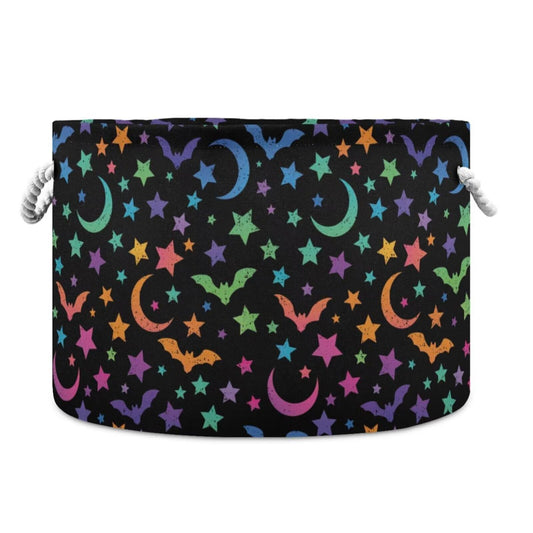 Colorful Bats Moon Stars Print Round Storage Basket Goth Style Large Laundry Hamper 20 x 20 x 14 Inches Organizer Bin with Cotton Rope Handles Clothes Storage Bag for Nursery Bedroom Living Room Decor