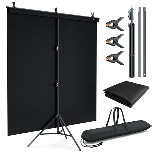 LINCO Lincostore 5x6.7ft Backdrop Stand, Portable Black Photo Backdrop Background with T-Shape Stand, Carry Bag, Spring Clamp for Photography Party Decoration Streaming Studio (Black Backdrop)
