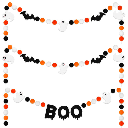 JarThenaAMCS 3Pcs Halloween Felt Garland Ghost Boo Bat Hanging Banner Orange Black White Pom Ball Banner for Haunted House Home Wall Mantle Decor