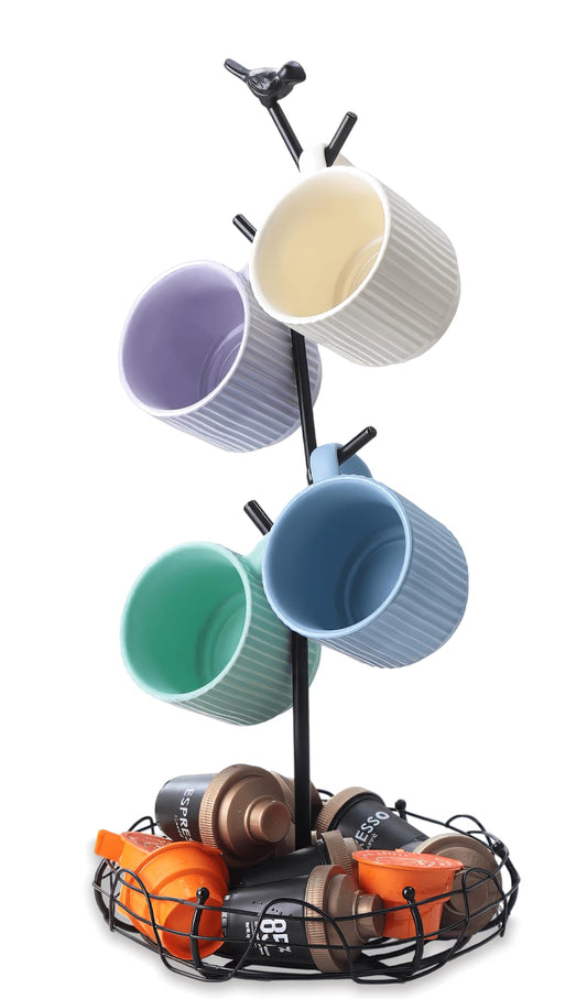 Ouseen Coffee Mug Holder for Countertop, Mug Tree with Bird's Nest Storage Basket, Holds 4 Large Mugs (20oz Compatible), Whimsical Kitchen Decor, Coffee Bar Accessories (Black)