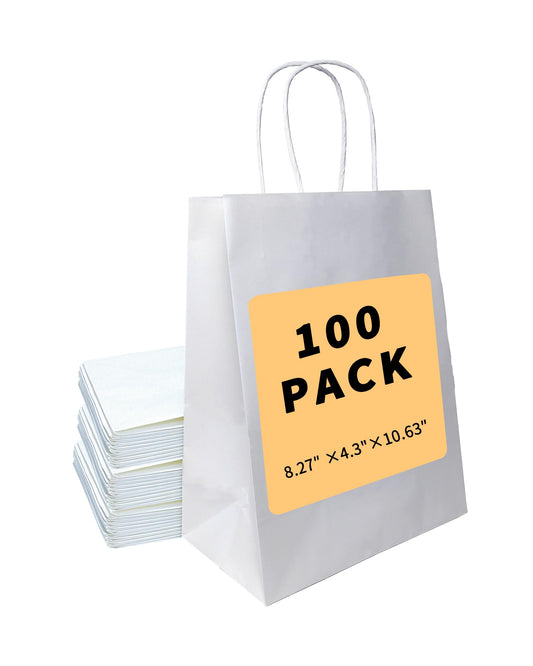 BAG BOX 100 Pack 8.25x4.3x10.6 Inch White Gift Bags with Handles,Bulk Kraft Paper Bags for Shopping, Retail, Merchandise, Wedding, Party Favors, Paper Grocery Sacks