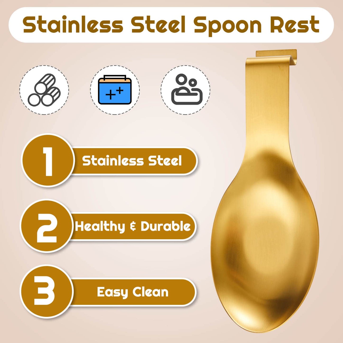 Nuanchu 6 Pcs Stainless Steel Spoon Rest Large Size Spatula Ladle Holder Spoon for Stove Top Heavy Duty Countertop Spatula Holder Dishwasher Safe Utensil Rest for Kitchen, 3.8 x 9.6" (Gold)