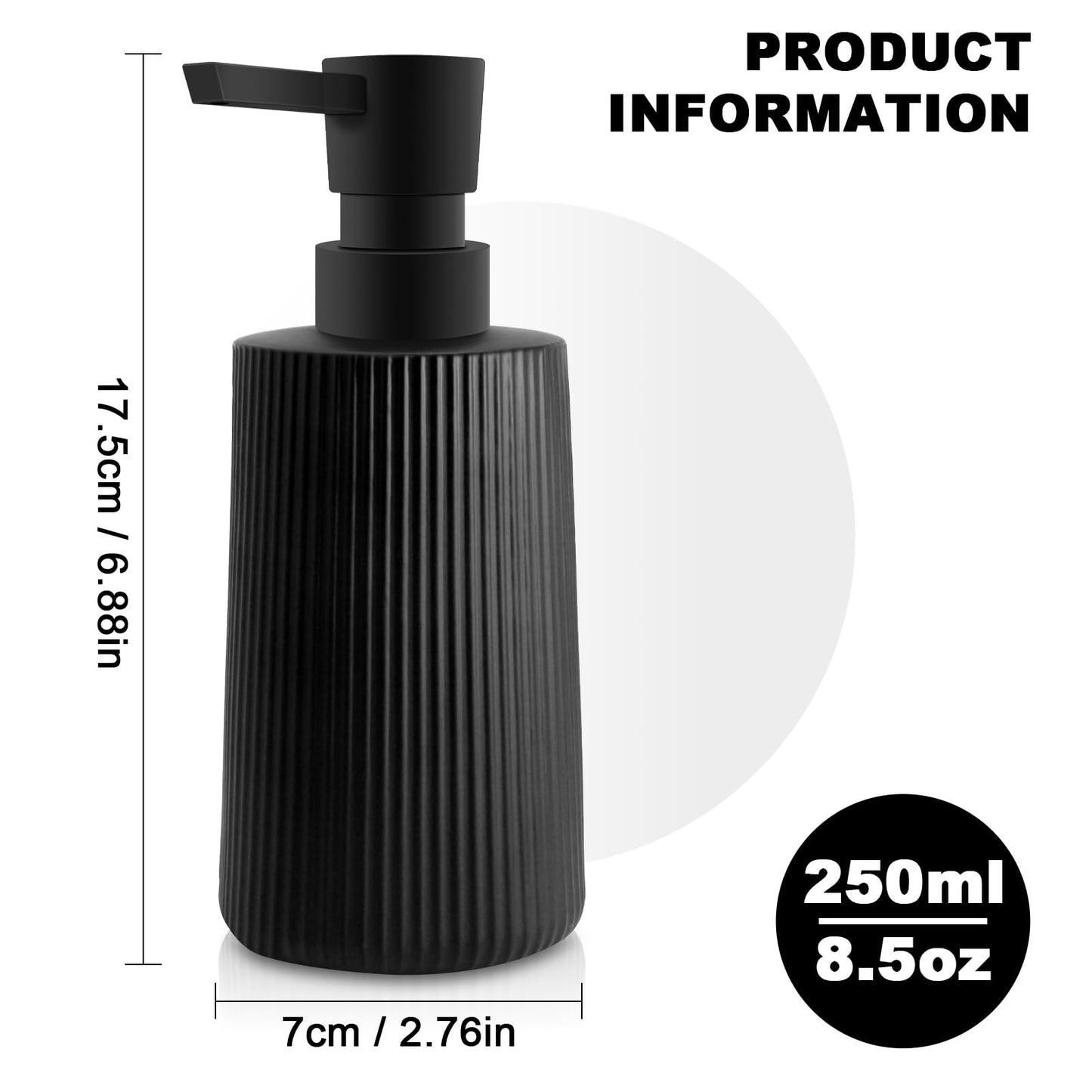 Mamiddle Glass Soap Dispenser for Bathroom, 250ml/8.5oz Dish Soap Dispenser with Pump for Kitchen, Modern Minimalist Stripe Style Hand Soap Dispenser, Small Refillable Soap Dispenser (Black 2pcs)