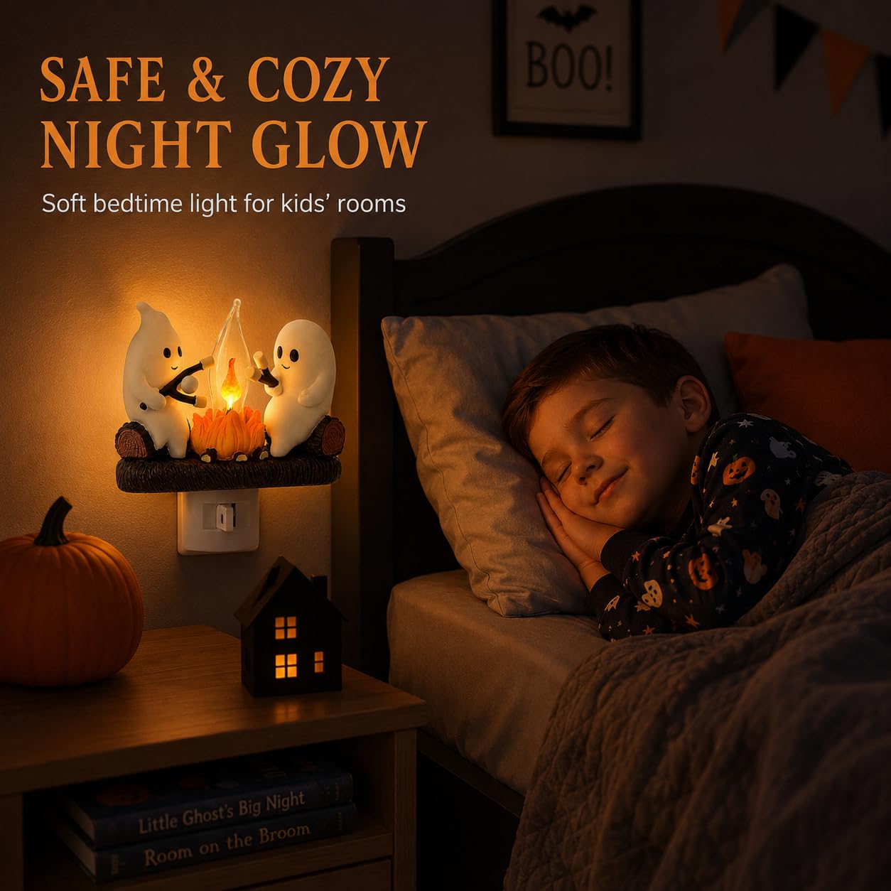 MXXT Ghost Campfire Night Light, Plug-in Wall Flickering Flame Nightlight, Halloween 3D Cute Spooky Marshmallow Ghost Decoration for Bedroom, Spooky Season Home Halloween Decor for Kids Adults