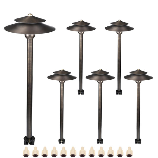 DOSHINE® Solid Brass Low Voltage Landscape Lighting Pathway Lights (8.25" Shade, 22" Tall) with Replaceable 3W G4 LED Bulb 3000K AC/DC 12V and Ground Stake for Outdoor Walkway Driveway (DOU, 6-Pack)