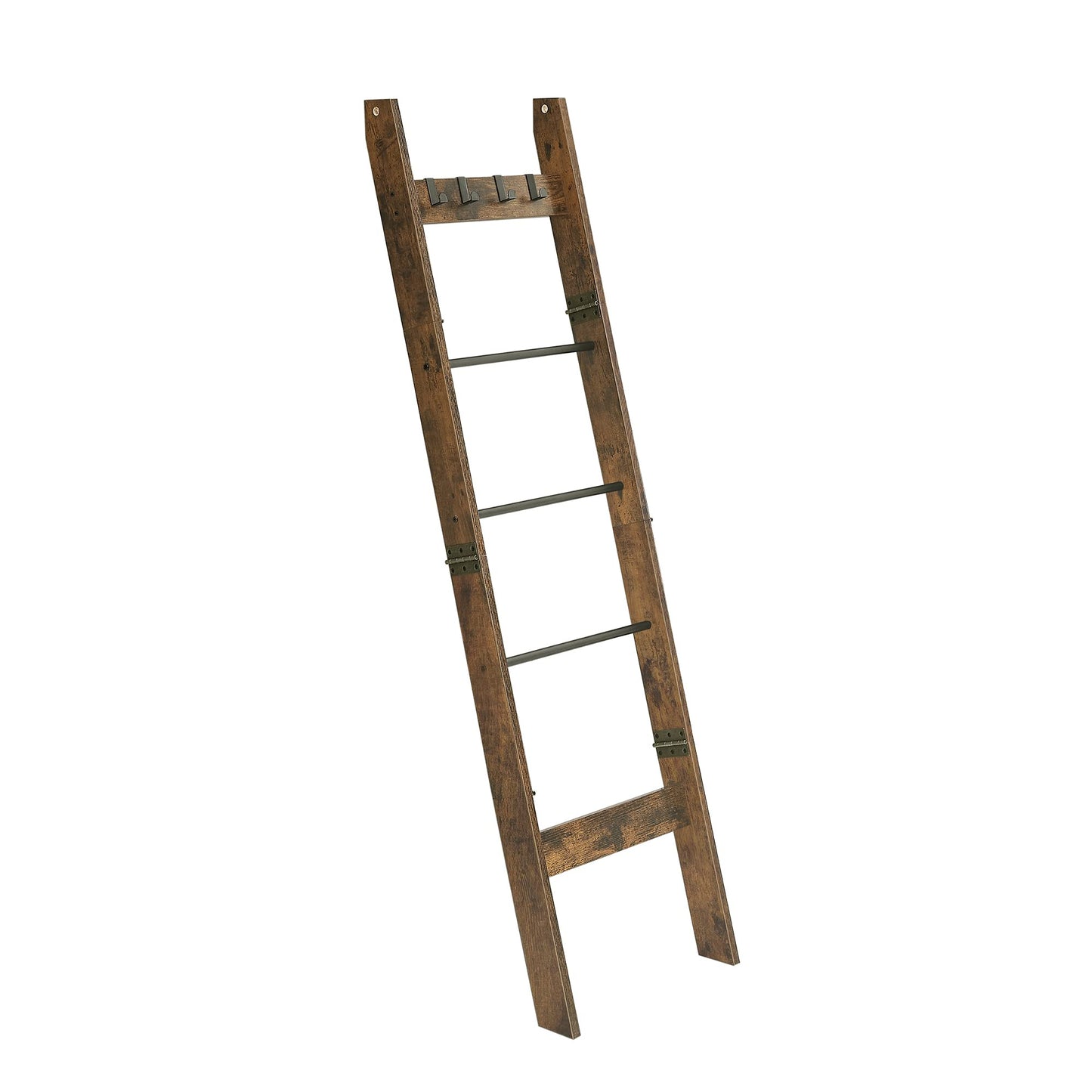 Hzuaneri Blanket Ladder for Living Room, Decorative Quilt Rack with 4 Removable Hooks, 5-Tier Farmhouse Ladder Holder Shelf Organizer for Bedroom, Rustic Brown and Black 02101BBR