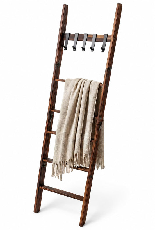 HAOIOKSC Blanket Ladder with 5 Removable Hooks, 67 Inch 6-Tier Wooden Blanket Rack, Rustic Brown Towel Ladder, Decorative Quilt Rack for Living Room Bedroom Bathroom Farmhouse Decor