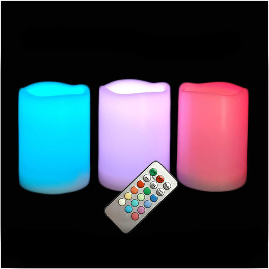 Outdoor Waterproof Color Changing Flameless LED Pillar Candles with Remote Battery Operated Plastic Decorative Multi-Color Lights for Halloween Christmas Party Centerpiece Decorations 3"x4" 3pack
