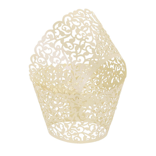 HARFINGTON 50 Pcs Lace Cupcake Liners Standard Vine Designed Hollow Out Cupcake Wraps Artistic Bake Cake Paper Cups for Anniversary Birthday Weddings Parties, Light Yellow