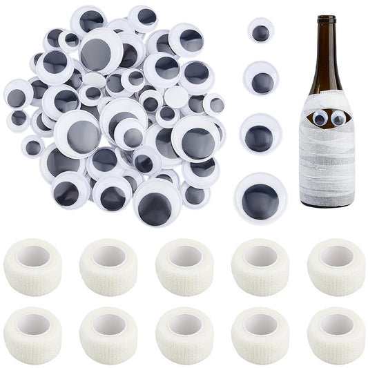 SUPERFINDINGS Halloween Mummy Pumpkin Decorating Kit 100PCS 4 Sizes Wiggle Googly Eyes Stickers 10 Rolls 4.5m Elastic Bandage DIY Craft Mummy Wrap Decor for Halloween Decor Party Favors Supplies