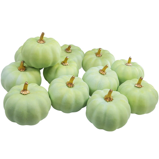 Winlyn 12 Pcs Small Artificial Light Green Pumpkins Decorative 3" Wide for Fall Wedding Baby Shower Halloween Thanksgiving Seasonal Centerpiece Table Mantel Bowl Décor