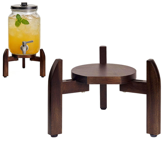 Homeqttomt Drink Dispenser Stand Adjustable Width for 5-Gal Jugs & Beverage Jars with Round Flat Tray - Sturdy Walnut Holder for Water Coolers, Plant Pots (Walnut wood color)