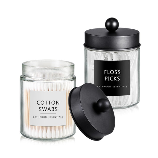 SheeChung 2-Pack Qtip Holder Dispenser - Glass Apothecary Jars with Rust-Proof Stainless Steel Lids - Modern Farmhouse Bathroom Vanity Organizer for Cotton Swabs, Balls, Pads(Black)