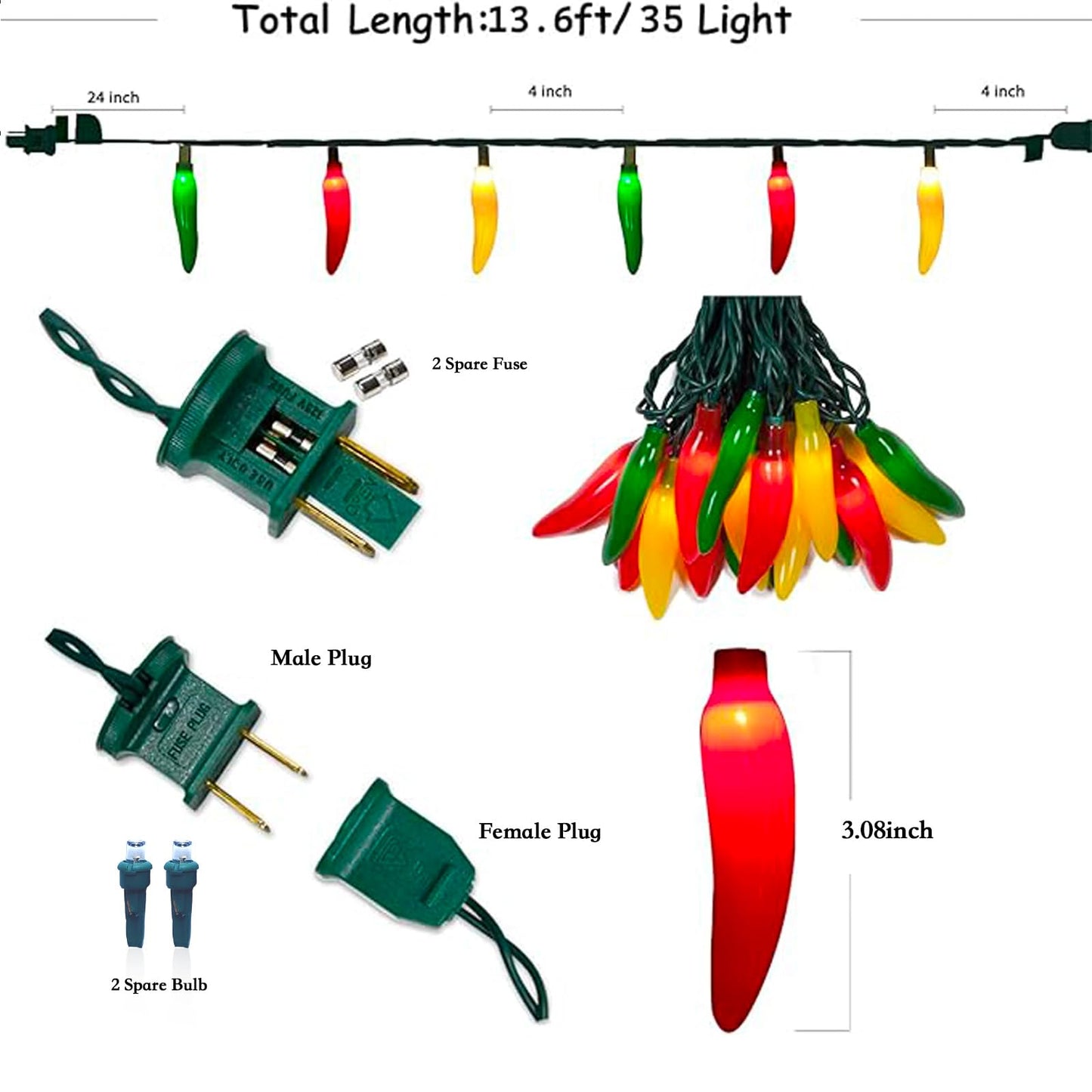 35 Multicolor Chili Pepper String Lights Plug in,13.6ft Indoor Outdoor