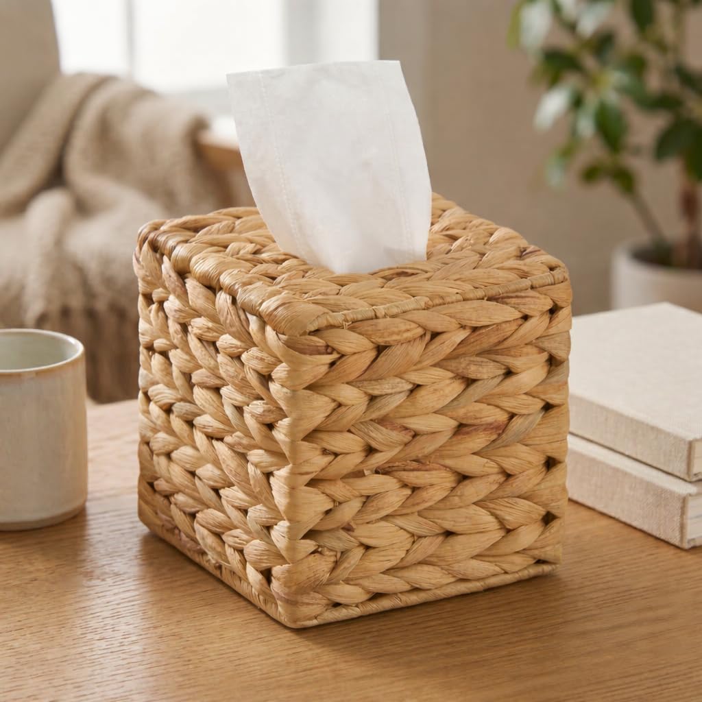 Ornavo Home Water Hyacinth Handwoven Square Tissue Box Cover, Natural