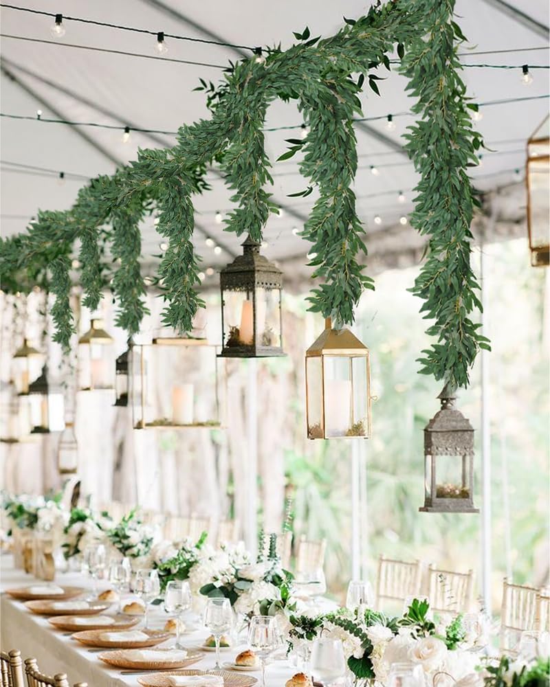 RECUTMS Artificial Willow Leaves Vine Twigs 2Pcs 6.2Ft Fake Hanging Plant Silk Leaf Ivy Garland Faux Italian Ruscus Greenery Indoor Outdoor Wedding Arch Jungle Beach Birthday Party Garden Decor