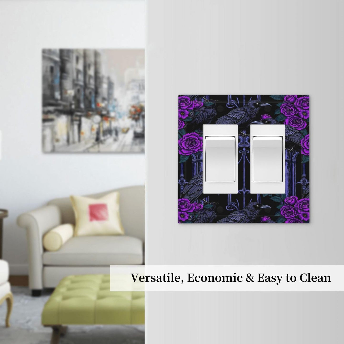 Naiqadnehz Decorative Outlet Covers Gothic Style Crow Purple Flowers 2 Gang Double GFCI Rocker Electrical Wall Panels Light Switch Cover Plate for Bedroom living Room Decor